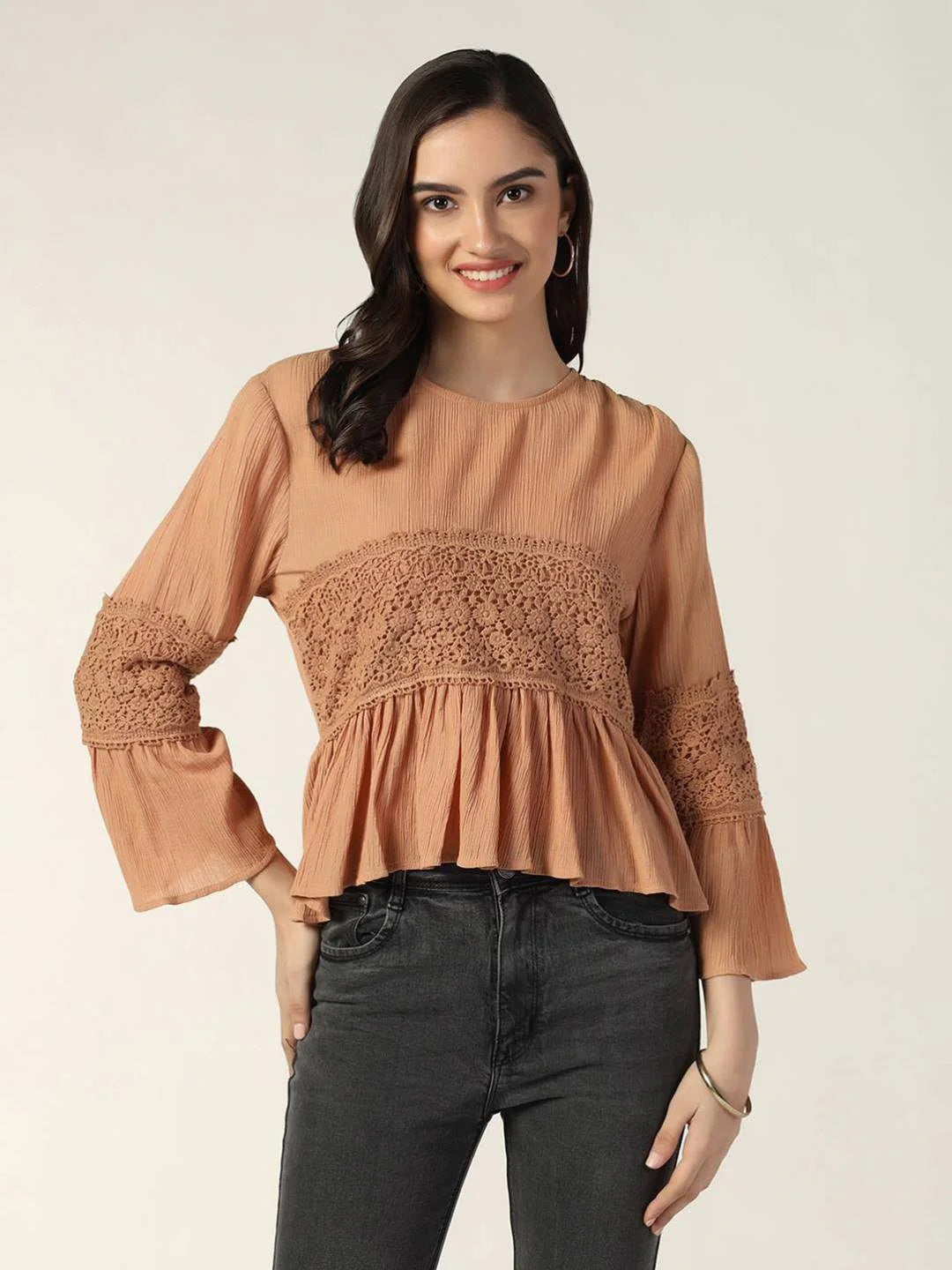 Beatnik Fitted Solid Full Sleeve Peach Puff Women Top