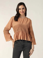 Beatnik Fitted Solid Full Sleeve Peach Puff Women Top Beatnik India